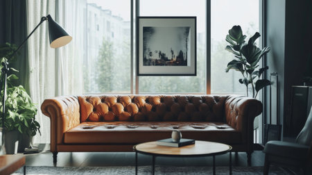 A living room with a comfortable leather sofa paired with a coffee table and floor lamp, creating a sophisticated and functional space.の素材