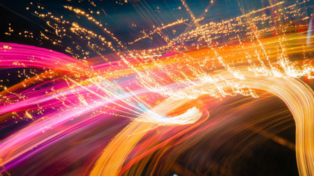 A long exposure shot of a fireworks display with trails of light and vibrant bursts illuminating the night sky.の素材