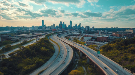 A panoramic view of an expressway cutting through a cityscape, with tall buildings and urban landmarks in the backgroundの素材