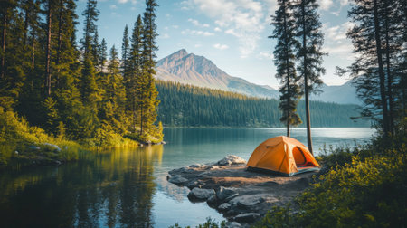 A scenic campsite with a tent set up beside a serene lake, surrounded by lush trees and a backdrop of mountains, capturing the essence of outdoor adventure.の素材