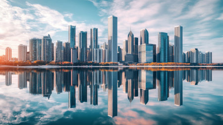 A reflective view of tall city buildings in a nearby body of water, capturing the cityscape's symmetry and the sleek design of modern architecture.の素材