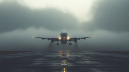 An airplane lifting off from a foggy runway, with the mist and clouds partially obscuring the aircraft, adding a dramatic effect to the scene.の素材