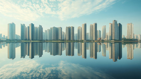 A reflective view of tall city buildings in a nearby body of water, capturing the cityscape's symmetry and the sleek design of modern architecture.の素材
