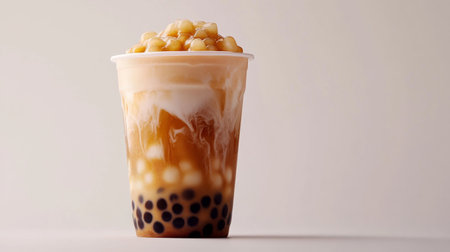 A refreshing cup of bubble tea with a layer of creamy milk tea and a generous amount of chewy tapioca pearls, positioned on a plain white surface.の素材
