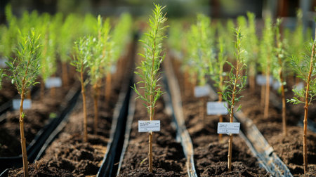 A series of young trees planted in a nursery, with labels and organized rows, illustrating the early stages of tree growth and cultivation.の素材