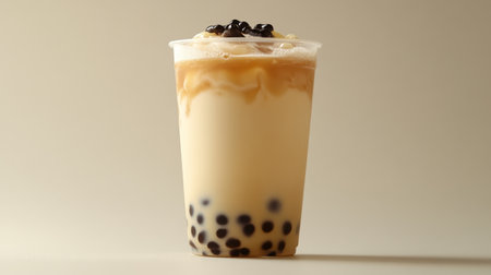 A refreshing cup of bubble tea with a layer of creamy milk tea and a generous amount of chewy tapioca pearls, positioned on a plain white surface.の素材