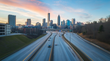 A panoramic view of an expressway cutting through a cityscape, with tall buildings and urban landmarks in the backgroundの素材