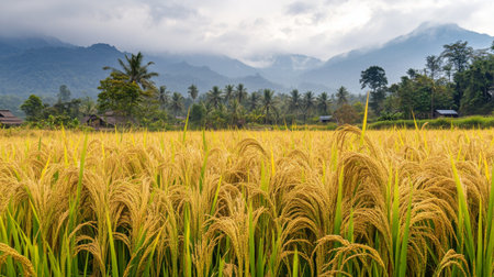 A panoramic view of a traditional rice paddy with tall, golden rice stalks ready for harvesting, set against a scenic rural backdrop.の素材