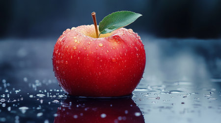 A shiny apple with water droplets on a reflective surface, creating a visually striking contrast and highlighting the fruitfreshnessの素材