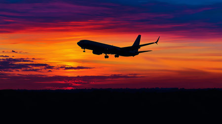 A silhouette of an airplane taking off against a colorful sunrise or sunset, highlighting the aircraft ascent against the vibrant sky.の素材