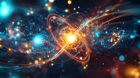 A visually appealing representation of quantum orbits and atomic particles in motion, conveying the complexity and beauty of atomic physics.の素材