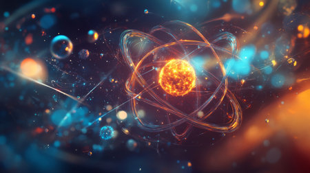A stylized image of atomic orbits and particles, showcasing the abstract concept of atoms and their interactions in a creative manner.の素材