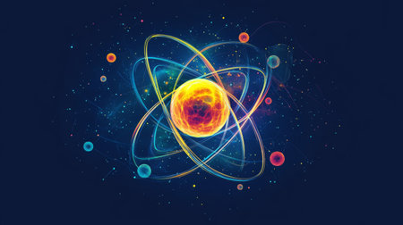 An educational diagram of atomic structure with labeled parts, including electrons, protons, and neutrons, in a clear and informative style.の素材