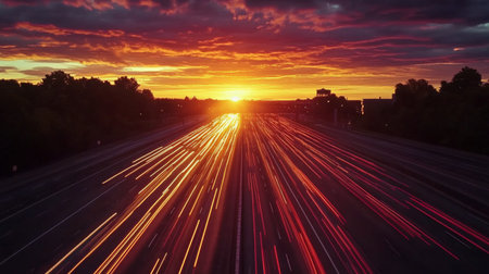 A sunset shot of an expressway with dynamic light trails from moving cars, highlighting the speed and energy of the roadway.の素材