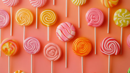 A vibrant array of colorful lollipops arranged on a bright, cheerful background, showcasing a variety of flavors and designs.の素材