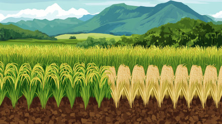 A traditional rice field with a variety of rice stalks in different stages of growth, illustrating the process from planting to harvest.の素材