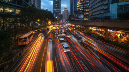 A time-lapse effect showing the flow of traffic in a congested area, with light trails and a sense of movement within the gridlock.の素材