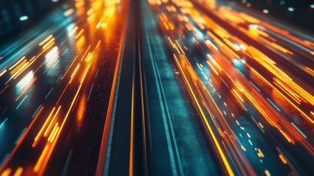 A time-lapse effect showing the movement of cars on an expressway, with blurred lights and motion creating a dynamic visual.の素材