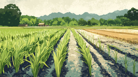 A traditional rice field with a variety of rice stalks in different stages of growth, illustrating the process from planting to harvest.の素材