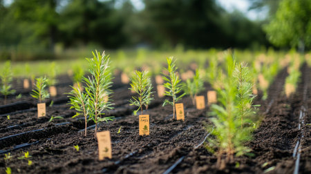 A series of young trees planted in a nursery, with labels and organized rows, illustrating the early stages of tree growth and cultivation.の素材