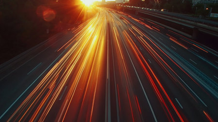A sunset shot of an expressway with dynamic light trails from moving cars, highlighting the speed and energy of the roadway.の素材