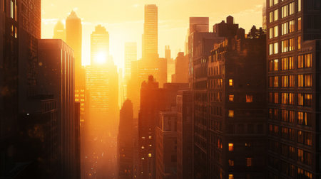 A sunset view of tall city buildings with the skyline bathed in golden light, capturing the transition from day to night in a vibrant urban areaの素材
