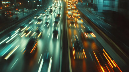 A time-lapse effect showing the movement of cars on an expressway, with blurred lights and motion creating a dynamic visual.の素材
