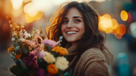A woman with a joyful expression, holding a bouquet of flowers, capturing a moment of celebration or appreciationの素材