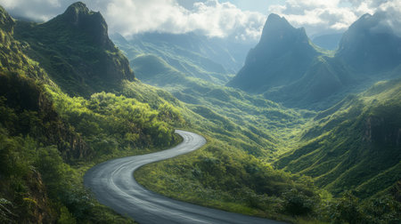 A winding mountain road curving through a scenic landscape, with dramatic views of towering peaks and lush greenery on either sideの素材