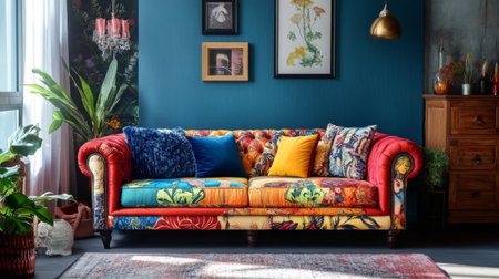 A stylish sofa in a vibrant color or pattern, serving as a focal point in a chic and eclectic interior design.の素材