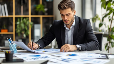 A young male executive dressed in a suit, working on a presentation at his modern desk, with charts and documents spread outの素材