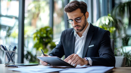 A young businessman making notes on a digital tablet, with a modern office environment featuring minimalist decor and a professional atmosphere.の素材