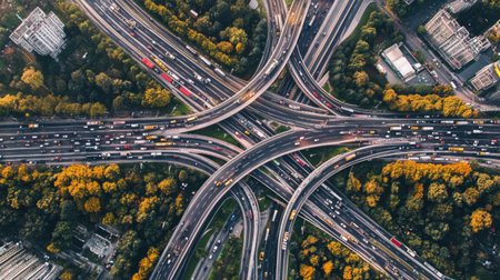 An aerial view of a busy highway interchange with multiple lanes and vehicles, illustrating complex transportation networks.の素材
