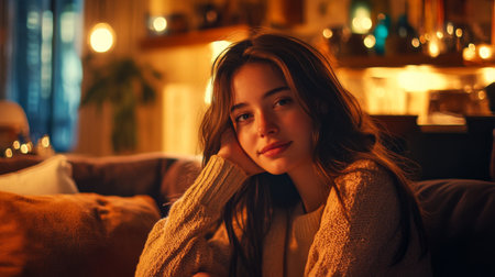 A woman in casual wear with a friendly expression, sitting in a cozy cafe or living room, creating a warm and inviting atmosphere.の素材