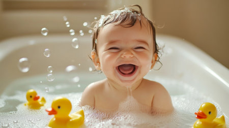A baby enjoying a bath time with bubbles and rubber ducks, splashing water and laughing, creating a fun and endearing scene.の素材