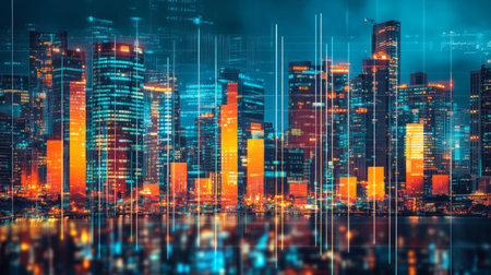 A city skyline at night with overlaid financial bar graphs, symbolizing the connection between urban development and economic growth, with vibrant colorsの素材