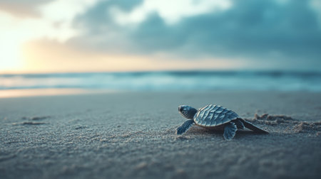 A baby sea turtle hatchling making its way to the ocean from a nest on the beach, symbolizing the beginning of its journey and the importance of marine conservation.の素材