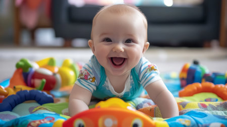 A baby giggling while playing with a set of colorful, safe toys on a plush play mat, capturing a joyful and lively moment.の素材