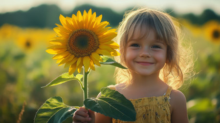 A child holding a sunflower almost as tall as they are, smiling in a field, symbolizing joy, innocence, and the wonders of nature.の素材