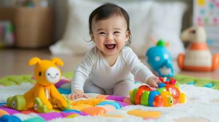 A baby giggling while playing with a set of colorful, safe toys on a plush play mat, capturing a joyful and lively moment.の素材