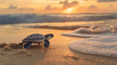 A baby sea turtle hatchling making its way to the ocean from a nest on the beach, symbolizing the beginning of its journey and the importance of marine conservation.の素材