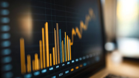 A close-up of a digital financial bar graph on a computer screen, showing a steady increase in revenue over time, symbolizing business growth and successの素材