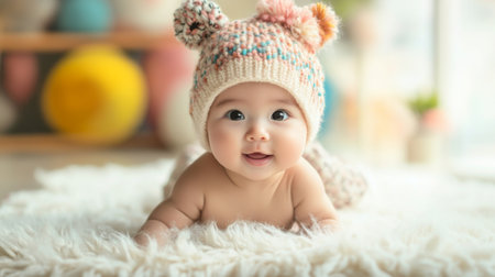 A baby with a playful expression wearing a cute animal-themed hat, lying on a soft, fluffy rug in a bright and cheerful room.の素材