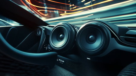 A car interior with premium speakers and a subwoofer, highlighting their placement and design, creating an immersive driving experience.の素材