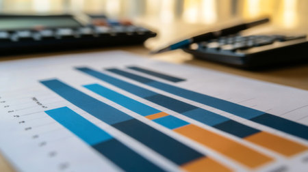 A bar graph illustrating quarterly financial performance, printed on paper and placed on a desk with a calculator and pen, symbolizing financial planning.の素材