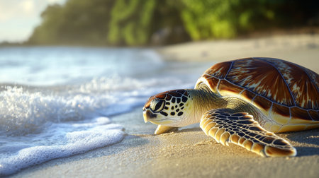 A close-up of a sea turtle's shell and flippers on a sandy beach, with the ocean waves gently lapping in the background, symbolizing coastal wildlife.の素材