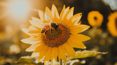 A bee pollinating a sunflower in a garden, captured in close-up, symbolizing the importance of biodiversity and the natural ecosystem.の素材
