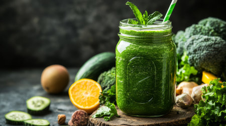 A close-up of a mason jar filled with fresh green smoothie, placed on a rustic table with fresh fruits and vegetables around it, symbolizing health and freshness.の素材