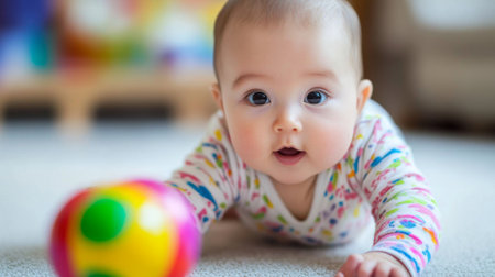 A chubby baby wearing a cute onesie with a playful pattern, reaching for a colorful toy, highlighting their adorable exploration.の素材