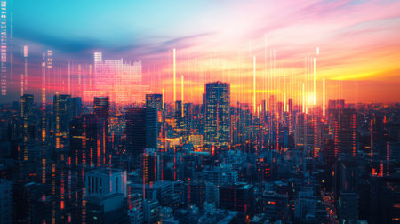 A city skyline at dusk with overlaid financial graphs and stock market trends, symbolizing the economic pulse of urban lifeの素材